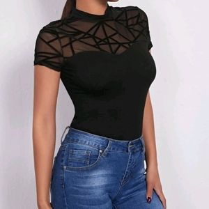 Mock-neck Geo Mesh Yoke Tee